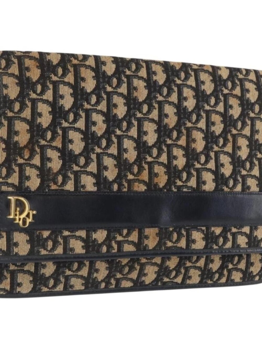 Christian Dior Trotter Canvas Clutch Bag Navy Gold Auth 170587 - Picture 1 of 14
